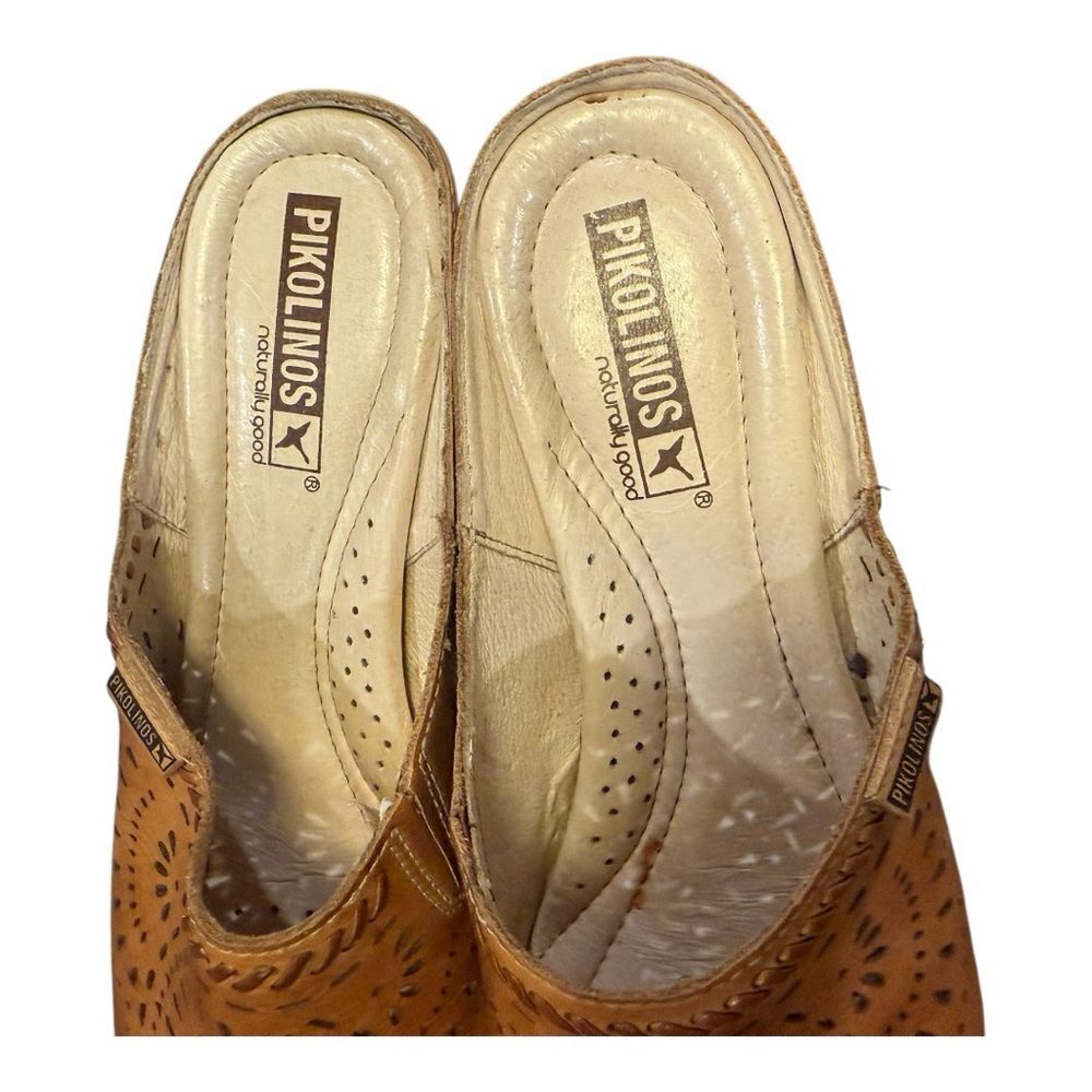 Pikolinos Leather Mule Clogs Brown Perforated Heeled Slip On EU 38 - Picture 9 of 11